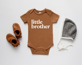 Little Brother Organic Baby Bodysuit • Modern GOTS Certified Baby Outfit • Unique Luxe Hand-Printed Bodysuit in Camel Cotton & White Ink