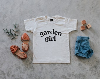 Garden Girl Cream Kids T-shirt • Boho Organic Cotton Tee for Garden Girls • Trendy Boho Girls Tee in Natural