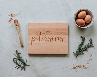 Custom Cutting Board • Modern Calligraphy Surname Engraved Handmade Cutting Board • Handmade in USA • Unique Wedding Gift