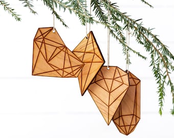 Wooden Gemstone Ornaments Set of 4 • Modern Geometric Gem Christmas Ornaments • Trendy Modern Wood Ornaments • Unique Christmas Gift