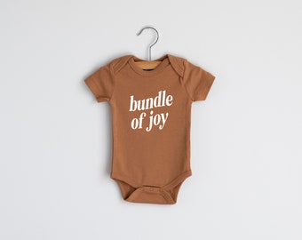 Bundle Of Joy Organic Baby Bodysuit • Modern GOTS Certified Baby Outfit • Unique Luxe Hand-Printed Bodysuit in Camel Cotton & White Ink