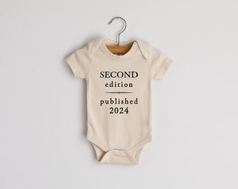 Second Edition Published 2024 Vintage Book Page Organic Baby Bodysuit • Modern Neutral Baby Outfit • Hand-Printed Cream Bodysuit, Siblings