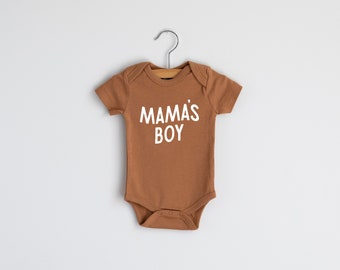 Mama's Boy Organic Baby Bodysuit • Modern GOTS Certified Baby Outfit • Unique Luxe Hand-Printed Bodysuit in Camel Cotton & White Ink