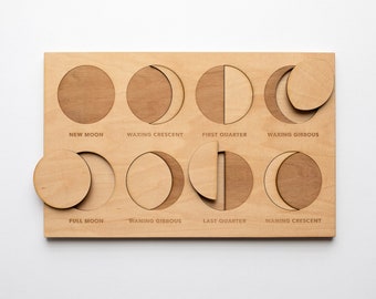 Moon Phase Puzzle • Wooden Lunar Phase Moon Puzzle • Wood Chart of the Moon and Phases • Modern Montessori Space Puzzle & Learning Tool