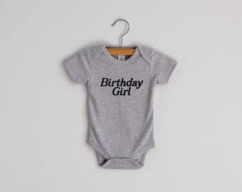 Birthday Girl Baby Bodysuit • Modern First Birthday Outfit for Little Girls • Unique Luxe Hand-Printed Bodysuit in Gray for 1st Birthday