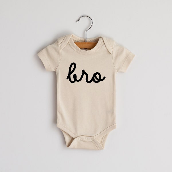 Bro Script Organic Baby Bodysuit • Modern Neutral Bro Baby Outfit • Unique Hand-Printed Bodysuit in Cream Cotton & Black Ink for Brothers