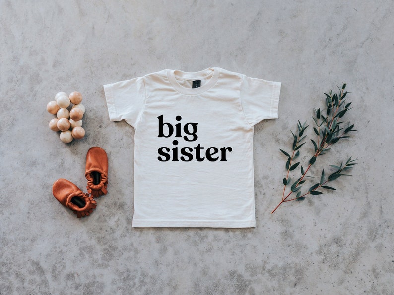 Big Sister Cream Baby and Kids Tee • Unique Big Sister Announcement Tee • Super Soft Organic Cotton Modern Neutral Matching Sister Shirts 