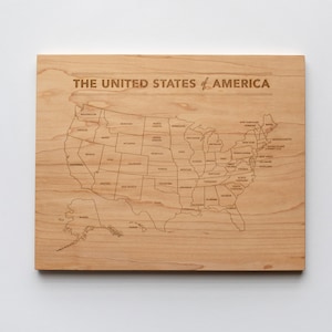 Wooden Map of the United States of America • Engraved USA Modern States Map • Large Montessori Tabletop Reference Board and Stand • U.S. Map