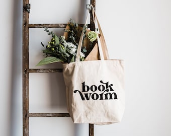 Bookworm Tote Bag • Modern Cotton Canvas Tote Bag for Literature Lovers • Eco Conscious Reusable Library Bag, Bookworm Design