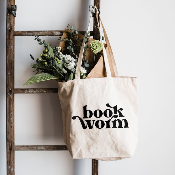 Bookworm Tote Bag • Modern Cotton Canvas Tote Bag for Literature Lovers • Eco Conscious Reusable Library Bag, Bookworm Design