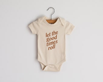 Let The Good Times Roll Organic Baby Bodysuit • Gender Neutral Modern Baby Outfit • Unique Good Times Hand-Printed Bodysuit in Cream & Camel