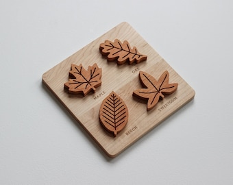 Wooden Leaf Puzzle for Children • Montessori Learning Toy • USA Made Solid Maple and Cherry Wood Nature Puzzle • Oak, Beech, Maple, Sweetgum