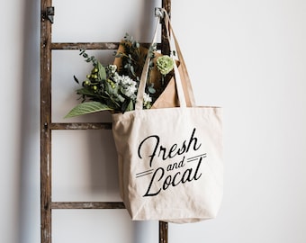 Fresh and Local Tote Bag • Modern Typographic Cotton Canvas Tote Bag • Farmers Market and Reusable Grocery Sack • FREE SHIPPING