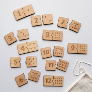 Wooden Number Match Puzzle • Handmade Wood Domino Style Matching Game • Montessori Toys • Educational and Homeschool Learning, Numbers 1-12