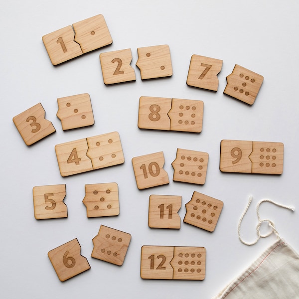 Wooden Number Match Puzzle • Handmade Wood Domino Style Matching Game • Montessori Toys • Educational and Homeschool Learning, Numbers 1-12