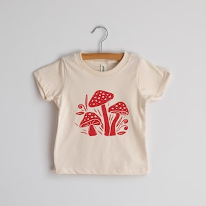 Modern Mushrooms Organic Kids T-Shirt • Modern Woodland Graphic Tee • Natural Organic Cotton Cream Tee • USA Made Top for Outdoorsy Kids