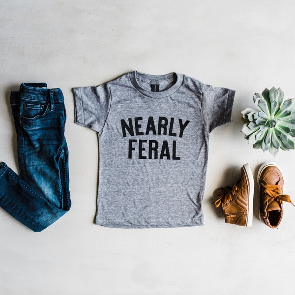 Nearly Feral Toddler and Youth T-Shirt • Funny Unique Kids Tee For Wild Little Ones • Modern Wild Child Trendy Kids Shirt • FREE SHIPPING