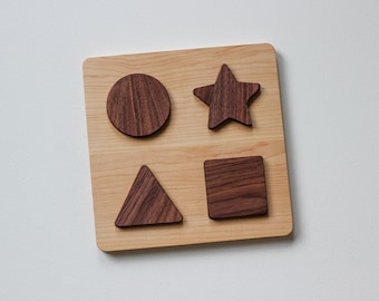 Wooden Shapes Puzzle for Toddlers and Babies • Montessori Learning Toy • USA Made Solid Wood Shape Puzzle • Great Toddler or Baby Gift