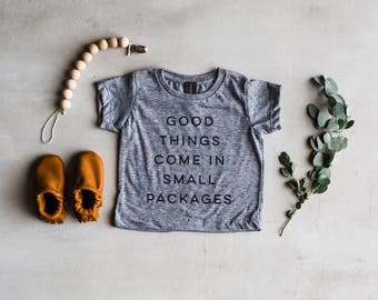 Good Things Come In Small Packages Baby T-Shirt • Unique Typographic Style Baby Tee • Trendy Baby Announcement • Made in USA • FREE SHIPPING