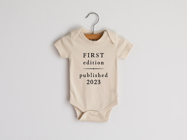 First Edition Published 2024 Vintage Book Page Organic Baby Bodysuit Modern Neutral Baby Outfit Hand-Printed Bodysuit in Cream image 2