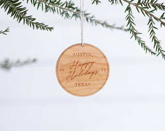 Custom City and State Christmas Ornament • Engraved Wooden Ornament and Holiday Keepsake • Boutique Local Gifts • Modern Wood Ornament