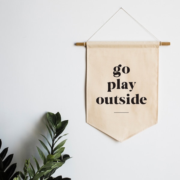 Go Play Outside Canvas Banner • Modern Typographic Playroom or Kid's Room Wall Hanging • Neutral Playroom Decor • Made In USA