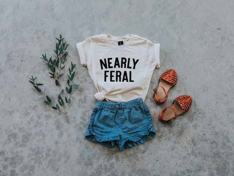 Nearly Feral Baby and Kids Tee Funny Organic Cotton Graphic Tee for Wild Little Ones Feral Kids T-Shirt in Natural FREE SHIPPING image 3