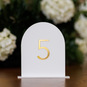 Modern Arch Table Numbers for Weddings • Gold and White Acrylic Table Numbers and Wedding Signage • Elegant Gold Event & Reception Decor