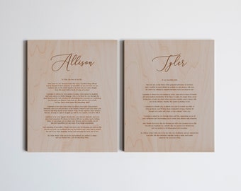 Wood Wedding Vows Set of Two Custom Wall Hangings • Modern Vows Art • Personalized Wooden Vows Engraved for Wedding • Fifth Anniversary Gift