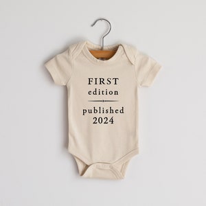 First Edition Published 2024 Vintage Book Page Organic Baby Bodysuit Modern Neutral Baby Outfit Hand-Printed Bodysuit in Cream image 1