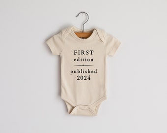 First Edition Published 2024 Vintage Book Page Organic Baby Bodysuit • Modern Neutral Baby Outfit • Hand-Printed Bodysuit in Cream