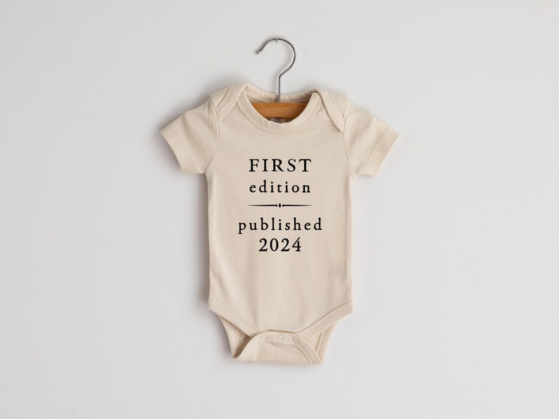 First Edition Published 2024 Vintage Book Page Organic Baby Bodysuit Modern Neutral Baby Outfit Hand-Printed Bodysuit in Cream image 1