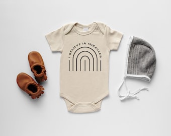 I Believe In Miracles Rainbow Organic Baby Bodysuit • Gender Neutral Modern GOTS Certified Baby Outfit • Hand-Printed Luxe Rainbow Bodysuit