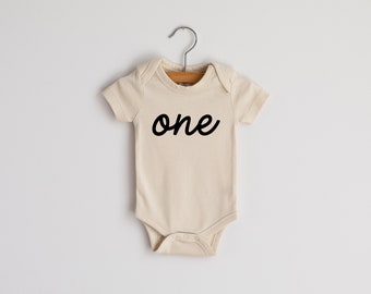 First Birthday Outfit • One Modern Script Organic Cotton Baby Bodysuit • Minimal Neutral Bodysuit for First Birthday or One-Year-Old