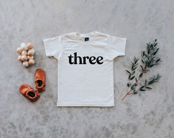 Three Third Birthday Shirt • Organic Cotton Graphic Tee for Birthdays • Modern Gender Neutral Organic Toddler Cream Tee For 3 Year Olds