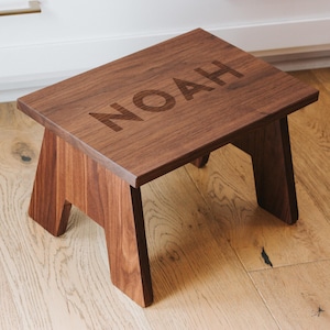 Personalized Children&#39;s Step Stool • Custom Engraved Wooden Stool • Custom Name Stool for Kids • Solid Walnut or Maple Wood • USA Made