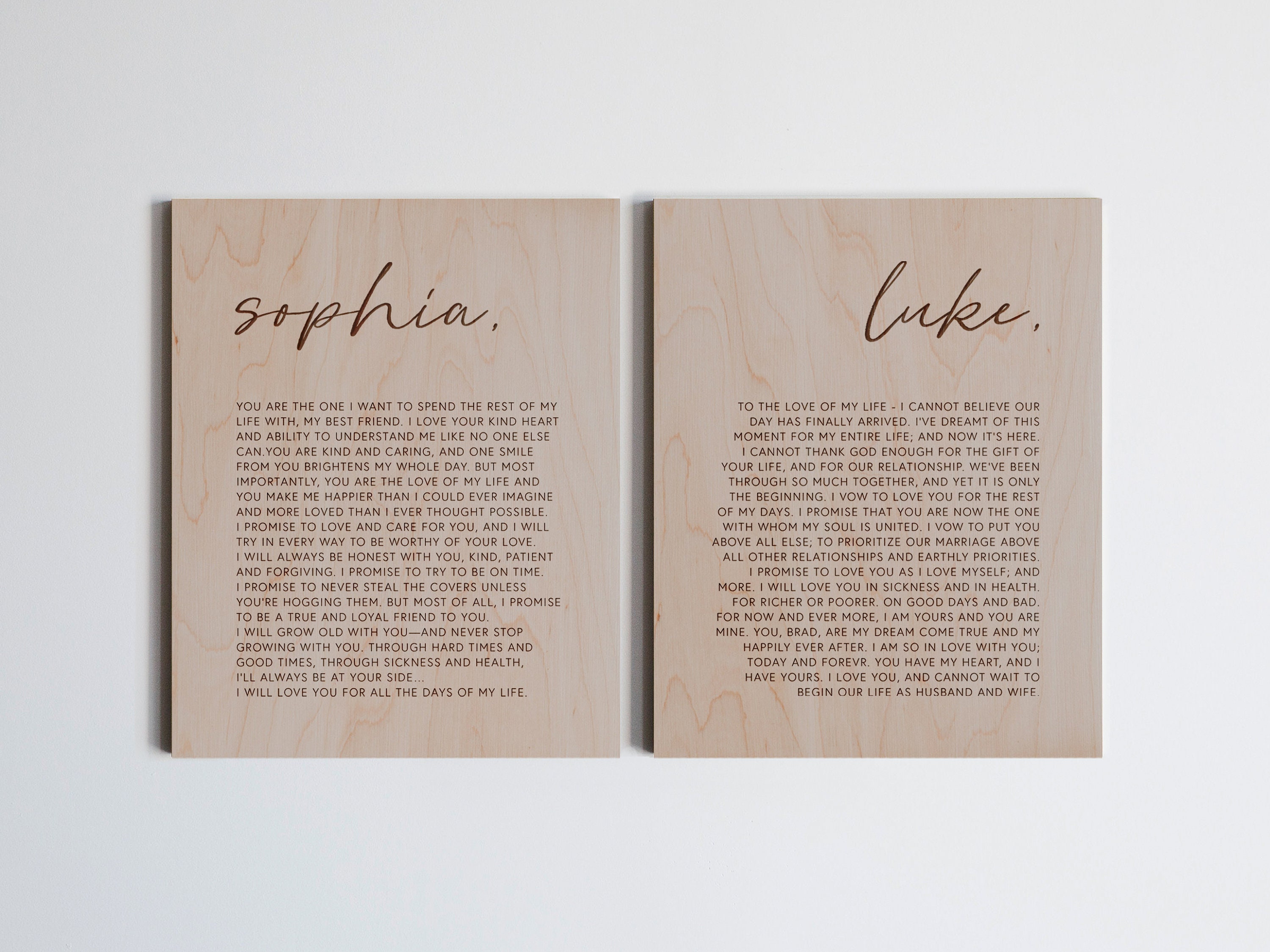 Wood Wedding Vows Set of TWO Custom Wall Hangings • Modern Vows Art • Personalized Vows Print for Wedding or Fifth Anniversary Gift
