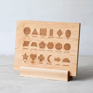 Wooden Shapes Board with Matching Shape Pieces Modern Large Montessori Puzzle & Stand Geometry Learning Board and Shapes Wooden Toy image 7