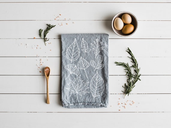 Autumn Leaves Tea Towel • Modern Farmhouse Kitchen Decor • Unique Fall Decor • Gray and White Nature Inspired Kitchen Towel • FREE SHIPPING