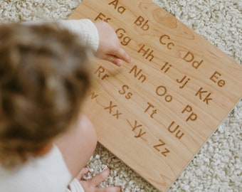 Wooden Alphabet Board with Engraved Uppercase & Lowercase A-Z • Modern Sans Serif Font • Large Montessori Tabletop Reference Board and Stand