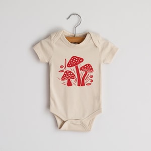 Modern Mushrooms Organic Baby Bodysuit • Modern Woodland Graphic Outfit • Natural Organic Cotton Cream • USA Made Top for Outdoorsy Babies