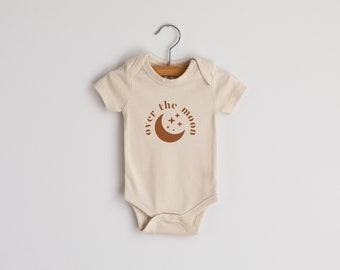Over The Moon Organic Baby Bodysuit • Gender Neutral Modern New Baby Outfit • Unique Celestial Hand-Printed Bodysuit in Cream & Camel