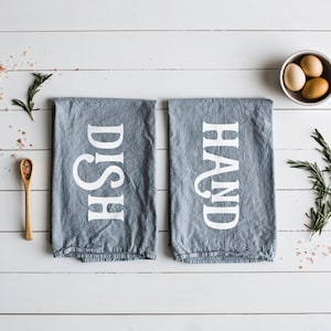 Hand and Dish Matching Tea Towel Set of 2 • Gray and White Modern Typographic Towel Design • Modern Farmhouse Kitchen Decor • FREE SHIPPING