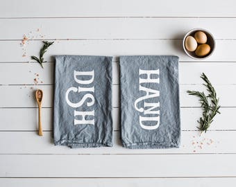 Hand and Dish Matching Tea Towel Set of 2 • Gray and White Modern Typographic Towel Design • Modern Farmhouse Kitchen Decor • FREE SHIPPING