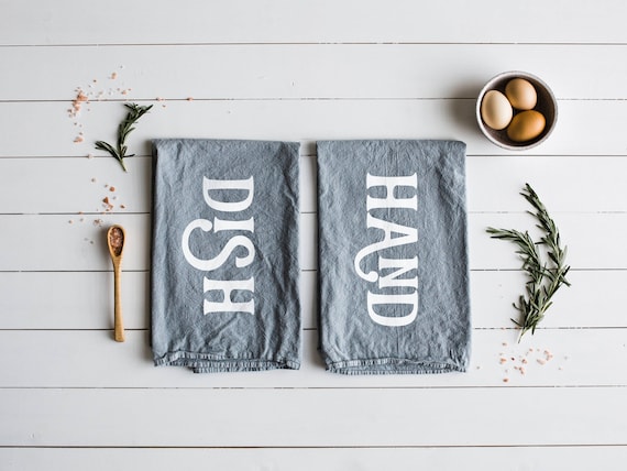 Hand and Dish Matching Tea Towel Set of 2 Gray and White Modern Typographic  Towel Design Modern Farmhouse Kitchen Decor FREE SHIPPING 