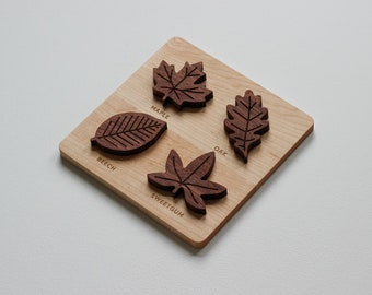 Wooden Leaf Puzzle for Children • Montessori Learning Toy • USA Made Solid Walnut and Maple Wood Nature Puzzle • Oak, Beech, Maple, Sweetgum