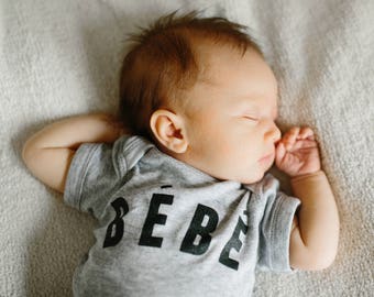 Bébé Typographic Organic Baby Bodysuit • Modern Infant Clothes • French Inspired Gray Baby Outfit • Unique GOTS Certified Bébé Gift for Baby