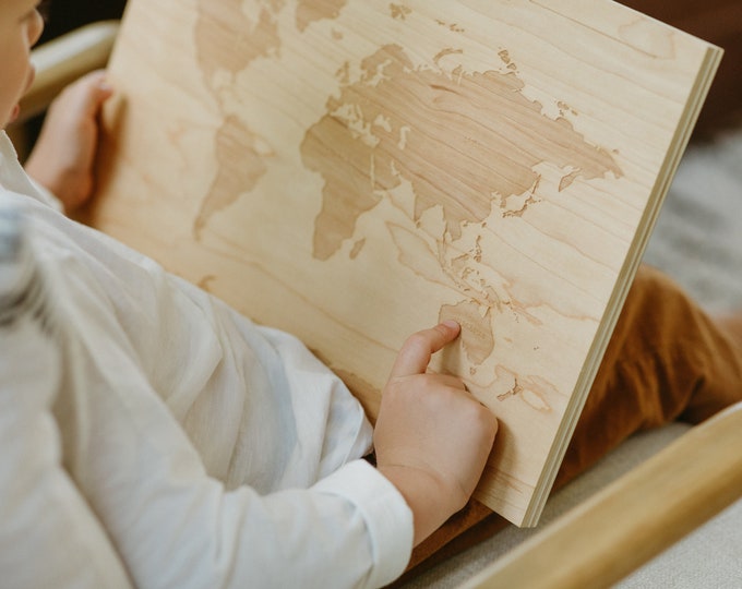 Wooden World Map • Engraved Modern Map of the World's Continents ...