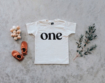 One Modern First Birthday Baby and Kids Tee • Gender Neutral Shirt for Trendy One Year Olds • Modern Natural Cream Organic Birthday Tee
