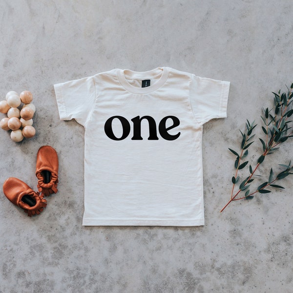 One Modern First Birthday Baby and Kids Tee • Gender Neutral Shirt for Trendy One Year Olds • Modern Natural Cream Organic Birthday Tee